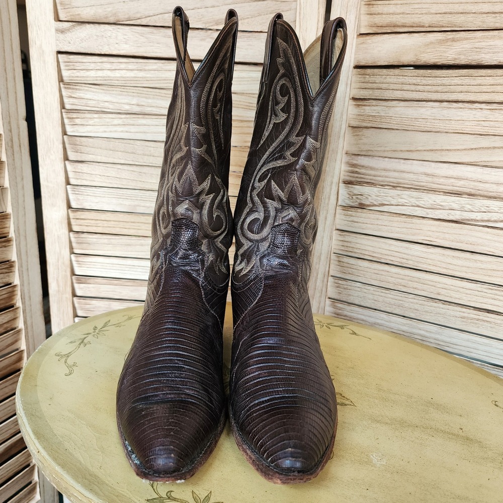 Dan Post Sz 12 D Brown Lizard Leather Western Cowboy Boots Embroidered Rodeo